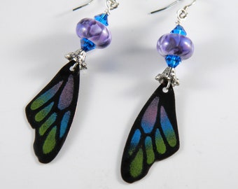 Purple Butterfly Wing Earrings, Enameled Wing and Lampwork Bead Earrings