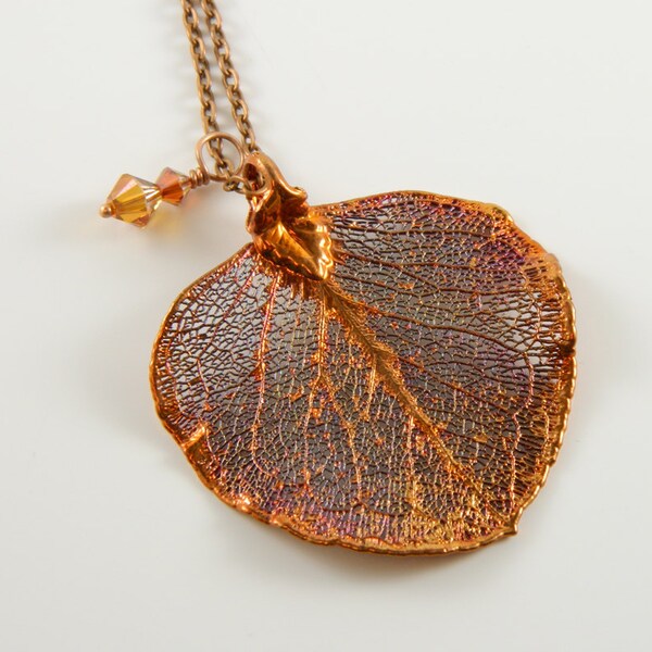 Copper Dipped Eucalyptus Leaf on 36" chain Necklace, Real Leaf Jewelry