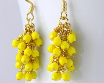 Bright Yellow Cluster Earrings with Gold Surgical Steel Ear Wires