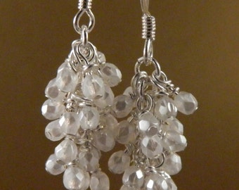 Pearl White Glass Cascade Dangle Earrings with Surgical Steel or Sterling Silver Ear Wires, White Cluster Earrings