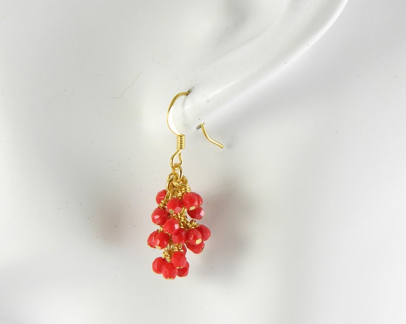 Red Cascading Glass Dangle Earrings in Gold, Red Dangle Earrings image 3