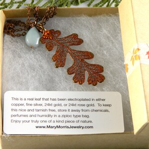 Copper Lacy Oak Leaf Pendant on 30 inch Long Chain with Peruvian Opal, Necklace for Rangers Apprentice fan, Strength and Courage Symbol image 3