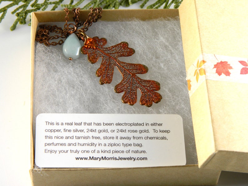 Copper Lacy Oak Leaf Pendant on 30 inch Long Chain with Peruvian Opal, Necklace for Rangers Apprentice fan, Strength and Courage Symbol image 3
