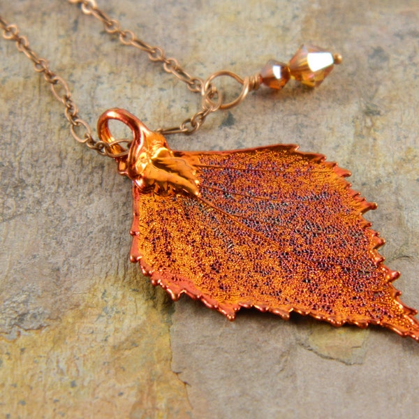 Real Leaf Pendant Necklace, Copper Dipped Birch Leaf Necklace