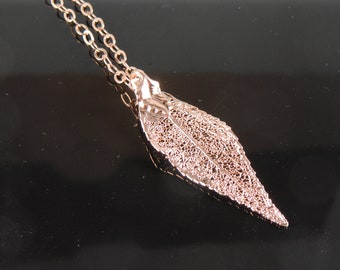 Electroplated Rose Gold Laurel Leaf Necklace on 30 inch chain, Leaf Pendant Necklace