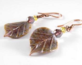 Iridescent Taupe Glass Leaf Earrings, Leaf Jewelry, Gift for Mom