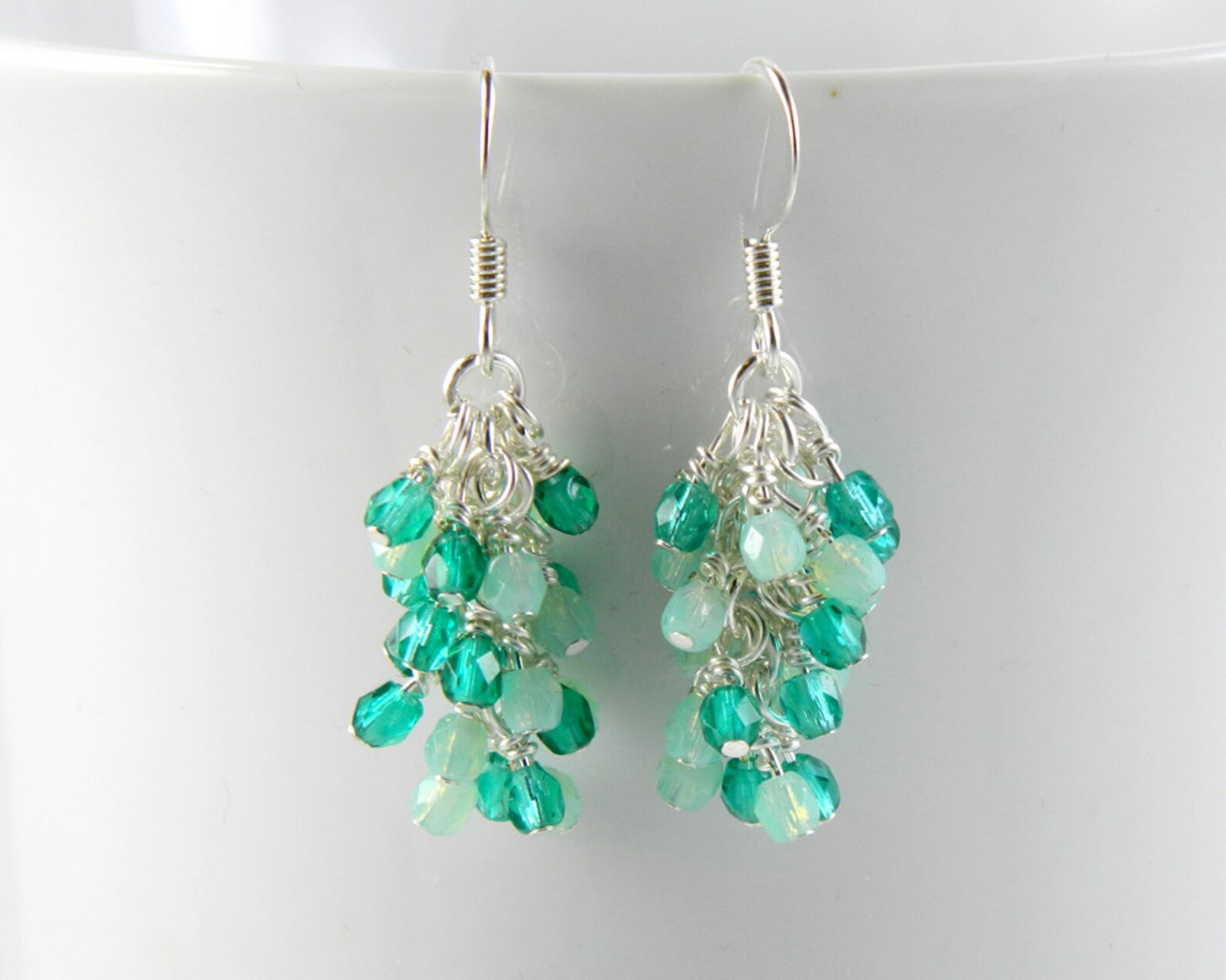 Emerald and Seafoam Green Cascading Earrings Green Dangle Etsy
