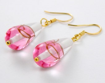 Pink and Gold Glass Drop Earrings, Pink Earrings, Simple Earrings