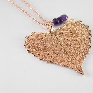 Rose Gold Cottonwood Leaf on 20 inch chain, Real Leaf Jewelry, Rose Gold Heart Necklace with Amethyst