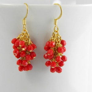 Red Cascading Glass Dangle Earrings in Gold, Red Dangle Earrings image 1