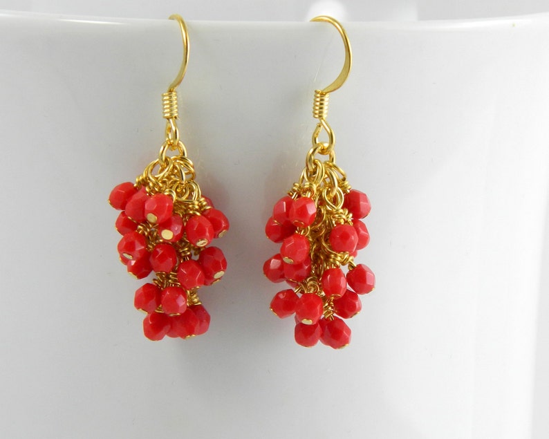 Red Cascading Glass Dangle Earrings in Gold, Red Dangle Earrings image 1