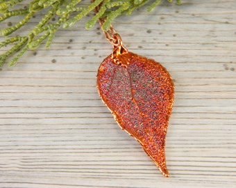 Preserved Laurus Nobilis Leaf, Copper Laurel Leaf Necklace on 30 inch chain, Electroplated Leaf