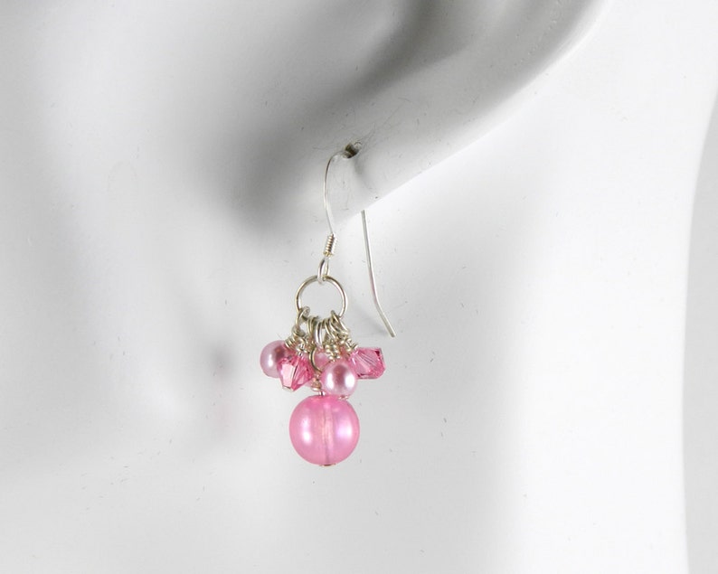 Pink Cluster Dangle Earrings with Sterling Silver Ear Wires image 3