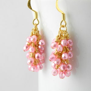 Gold and Pearly Pink Cascade Earrings with Surgical Steel Ear Wires