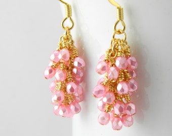 Gold and Pearly Pink Cascade Earrings with Surgical Steel Ear Wires