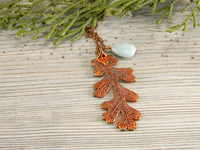 Copper Lacy Oak Leaf Pendant on 30 inch Long Chain with Peruvian Opal, Necklace for Rangers Apprentice fan, Strength and Courage Symbol image 10