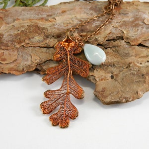 Copper Lacy Oak Leaf Pendant on 30 inch Long Chain with Peruvian Opal, Necklace for Rangers Apprentice fan, Strength and Courage Symbol image 9