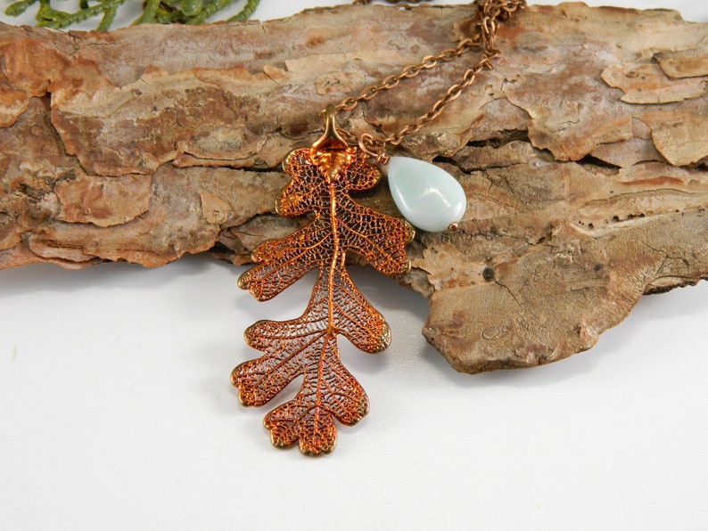 Copper Lacy Oak Leaf Pendant on 30 inch Long Chain with Peruvian Opal, Necklace for Rangers Apprentice fan, Strength and Courage Symbol image 9