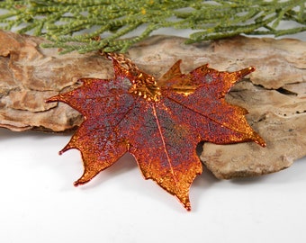 Real Maple Leaf Pendant, 20 inch necklace, Gift for Her, Autumn Leaf Necklace, Iridescent Copper Plated Leaf, Sugar Maple