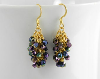 Dark Purple Cascade Dangle Earrings with Gold Surgical Steel Ear Wires