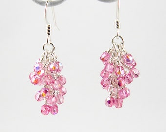 Iridescent Fuchsia and Silver Cascade Dangle Earrings