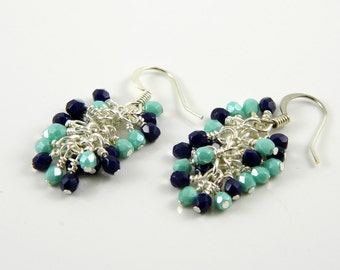 Navy Blue and Turquoise Cascade Dangle Earrings in Silver