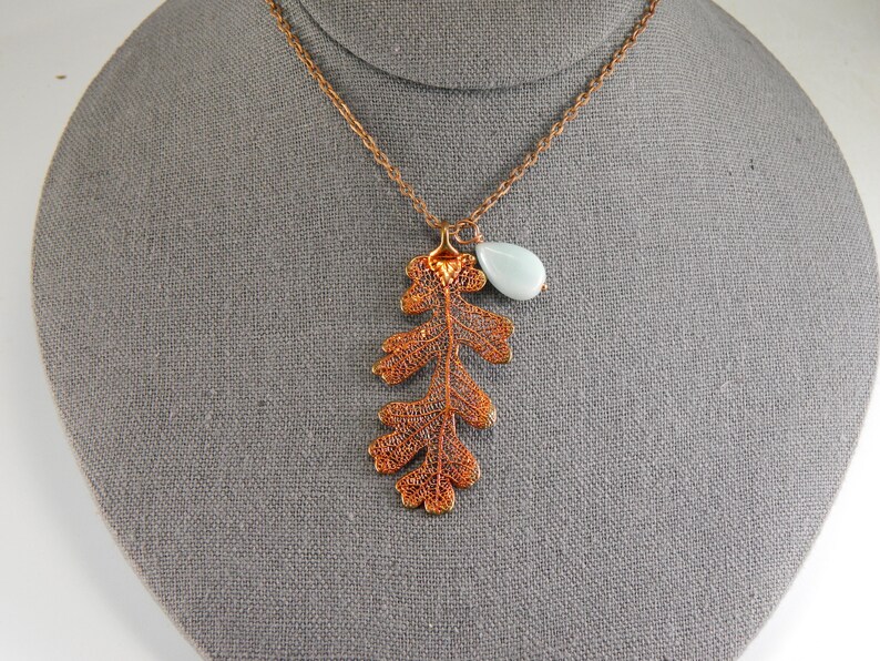 Copper Lacy Oak Leaf Pendant on 30 inch Long Chain with Peruvian Opal, Necklace for Rangers Apprentice fan, Strength and Courage Symbol image 6