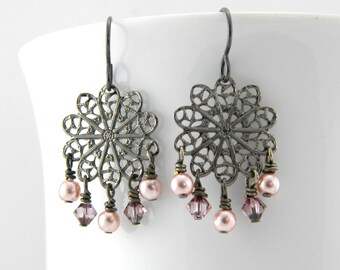 Gunmetal Filigree Dangle Earrings with Pink Accents on Niobium Ear Wires, Gray and Pink Earrings