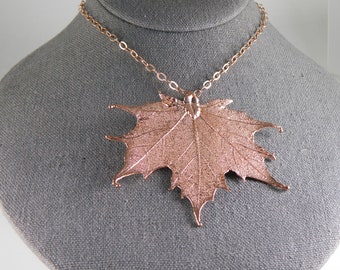 Rose Gold Maple Leaf Necklace, 30 inch chain, Electroformed Maple Leaf