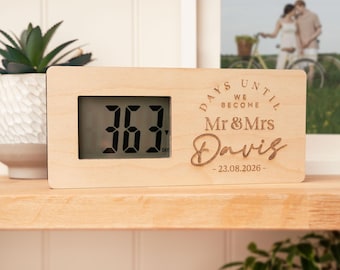Personalised Digital Wedding Countdown | Engraved wood Plaque | Mr & Mrs | Days to go