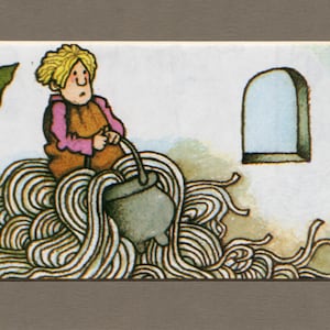 Original, matted, upcycled storybook page 5” x 7” “Strega Nona / Big Anthony”