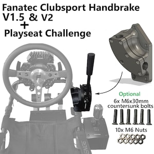 Könnte beinhalten: Ein schwarzes Fanatec Clubsport Handbremse V1.5 & V2, montiert auf einem Playseat Challenge. Das Bild enthält optional sechs M6x30mm Senkkopfschrauben und zehn M6 Muttern. Ein Lenkrad ist ebenfalls sichtbar.