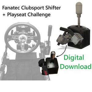 Könnte beinhalten: Bild eines Fanatec Clubsport Shifter und Playseat Challenge. Das Bild zeigt einen schwarz-silbernen Schalthebel mit einem grauen Knopf. Der Text "Digital Download" ist grün. Ein Lenkrad ist im Hintergrund zu sehen.