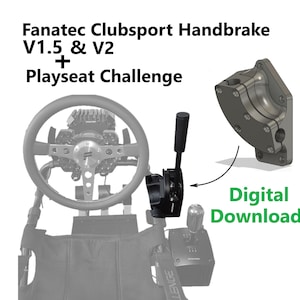 Könnte beinhalten: Ein schwarzes Fanatec Clubsport Handbremse V1.5 & V2, mit einem Lenkrad und einem Rennsitz. Das Bild enthält auch ein 3D-Rendering einer Komponente und die Worte "Digitaler Download" in Grün.