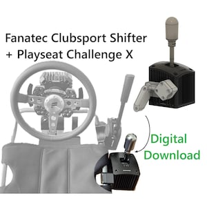 Könnte beinhalten: Bild eines Fanatec Clubsport Shifter und Playseat Challenge X. Das Bild zeigt ein Rennlenkrad, einen Schalthebel und ein digitales Download-Etikett. Der Schalthebel ist schwarz mit einem silbernen Knopf. Der Text "Digital Download" ist grün.