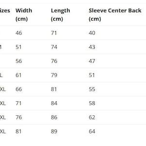 May include: A white chart with black text detailing clothing sizes, including width, length, and sleeve center back measurements in centimeters. Sizes range from S to 5XL, with corresponding measurements for each size.