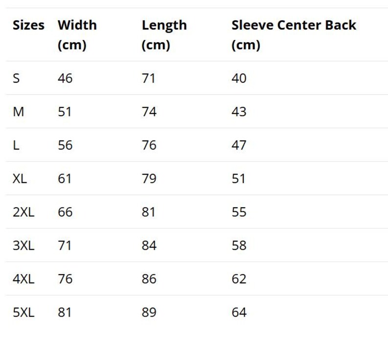 May include: A white chart with black text detailing clothing sizes, including width, length, and sleeve center back measurements in centimeters. Sizes range from S to 5XL, with corresponding measurements for each size.