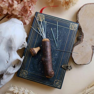 Pode incluir: Um livro azul escuro com detalhes dourados e um almofadinha de madeira para alfinetes com agulhas que sobressaem. O livro está sobre uma superfície bege claro com flores secas, caules de trigo e um pedaço de madeira.