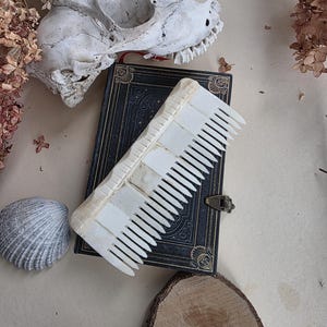 Puede incluir: Un peine blanco con un mango rectangular y dientes largos y finos descansa sobre un libro oscuro con detalles dorados. Una calavera, flores secas y una concha marina también están en la imagen, creando una estética vintage.