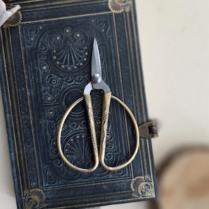 Può includere: Un paio di forbici con manico dorato e lame argentate poggia su un diario blu scuro in rilievo. Il diario presenta decorazioni dorate agli angoli e una chiusura. Le forbici sono probabilmente per l'artigianato o il giardinaggio.