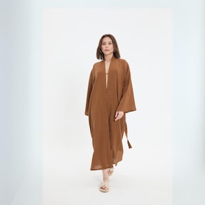 Women’s Long Kimono Robe in Earthy Brown – Lightweight Cotton Bath Kaftan or Beach Cover Up with Relaxed Fit and Waist Tie