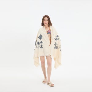 Nautical Organic Muslin Cotton Beach Sarong – Handmade Pareo Wrap with Anchor Dolphin and Sailor Wheel Print for Summer