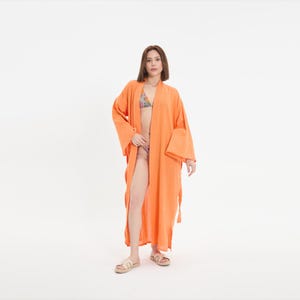 Women’s Long Kimono Robe in Orange – Lightweight Beach Cover Up or Bath Kaftan with Belted Waist for Spa Lounge or Resortwear
