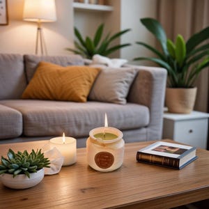 Pode incluir: Uma vela acesa em um pote decorativo com um rótulo marrom está em uma mesa de centro de madeira. Uma pequena suculenta em um vaso branco e uma vela branca também estão na mesa. Um sofá com almofadas laranja e cinza está ao fundo.
