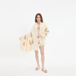 Organic Cotton Muslin Sarong: Yellow Fern Print Beach Cover-Up