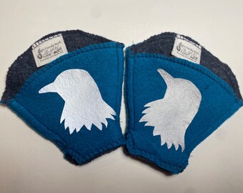 Helmuffs - Wool, Turquoise with Reflective Crow Head Silhouette (HmF688)