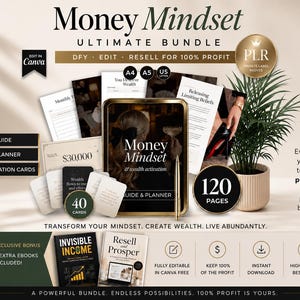 May include: A Money Mindset Ultimate Bundle digital product set featuring a 120-page guide and planner, 40 affirmation cards, and two extra ebooks. Includes text labels for A4, A5, US Letter sizes, PLR rights, and Canva editability options.