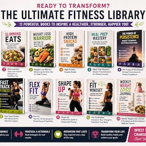 May include: The Ultimate Fitness Library, a collection of 13 books offering expert advice, recipes, and workouts. Titles include cookbooks, guides to weight loss, meal prep, and smoothies. The image features a bestseller bundle with digital resources.