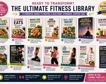 May include: The Ultimate Fitness Library, a collection of 13 books offering expert advice, recipes, and workouts. Titles include cookbooks, guides to weight loss, meal prep, and smoothies. The image features a bestseller bundle with digital resources.