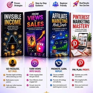 May include: Image of four books on digital marketing. Titles include "Invisible Income", "From Views to Sales", "Affiliate Marketing Made Simple", and "Pinterest Marketing Mastery". Each book cover features graphics and text promoting digital marketing strategies.